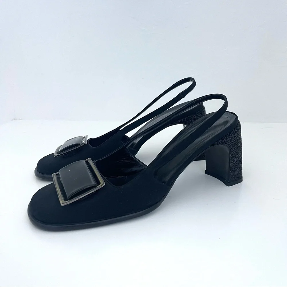 Vintage Gucci Square Buckle Round Toe Sparkly Block Mary Janes Slingbacks Heels - Picture 2 of 10